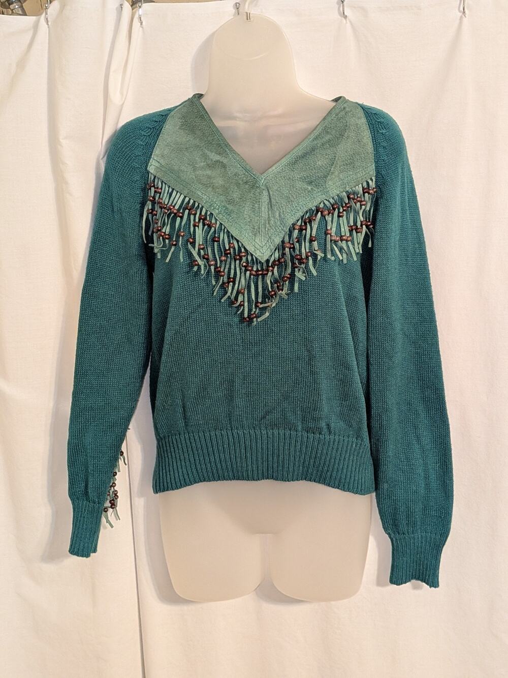 VTG 80s Cameo Rose Teal Western Leather Suede Fringe Tassel Sweater Sz L